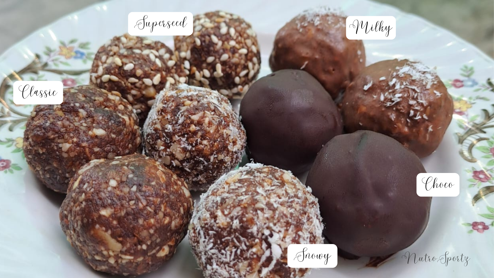An image of dates ladoo with 5 variations.