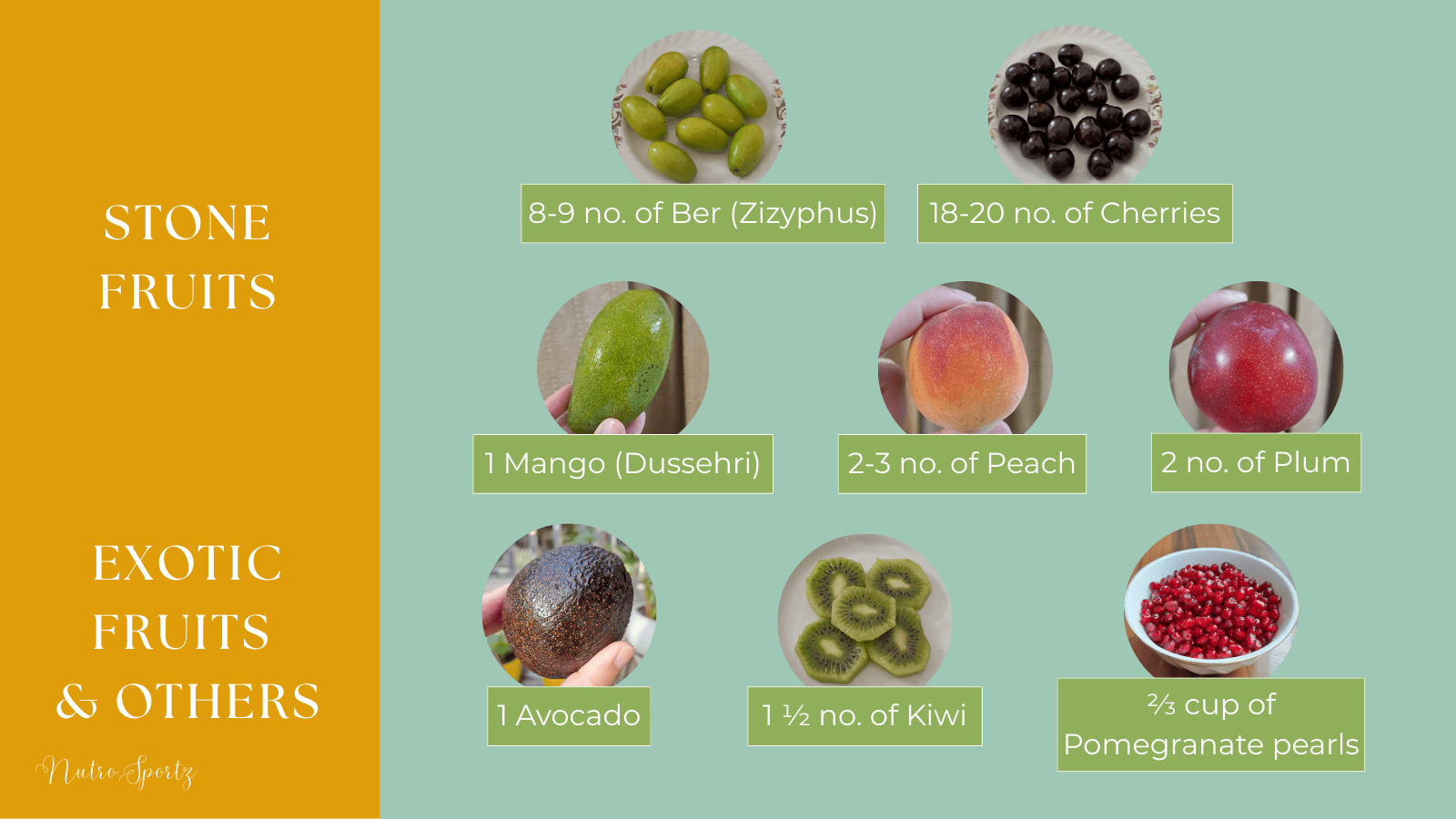 An infographic about one serving of stone fruits, exotic fruit, and pomegranate.