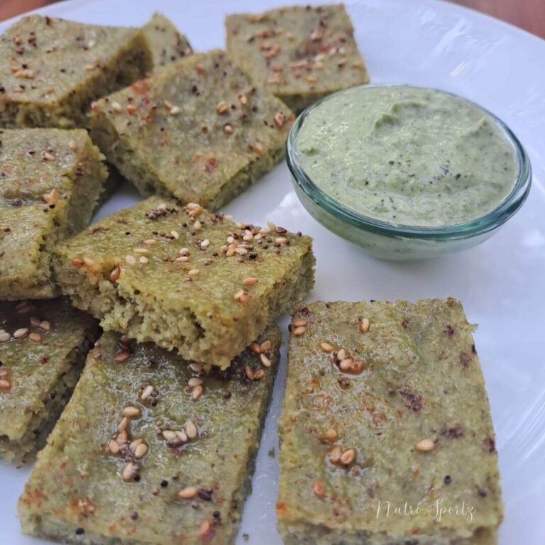 An image of moong dal dhokla on a plate.
