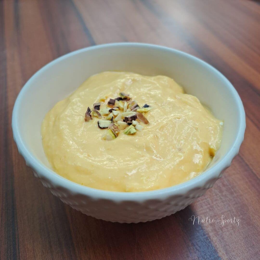An image of mango greek yogurt in a bowl.